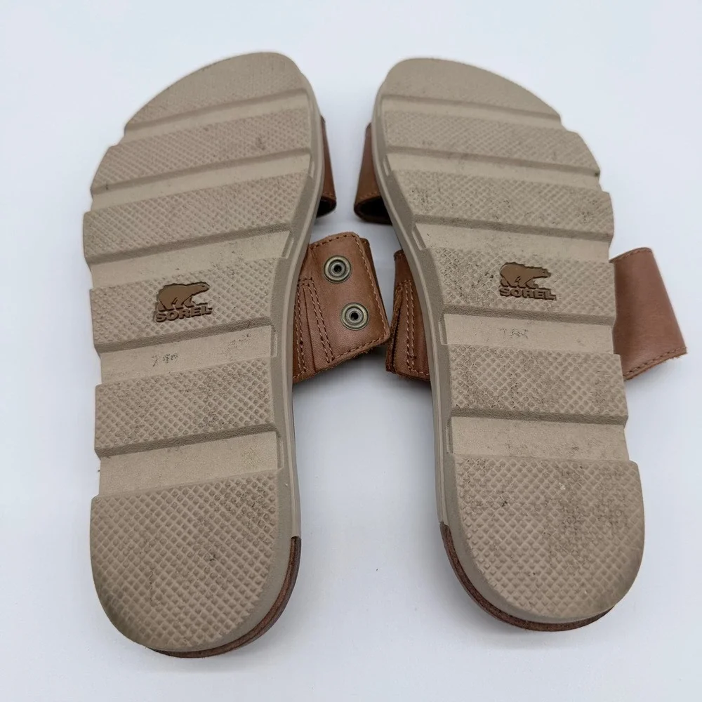 Sorel Ella Slide Sandals Tan Brown Leather Grommet Flat 6.5 NL2937-224